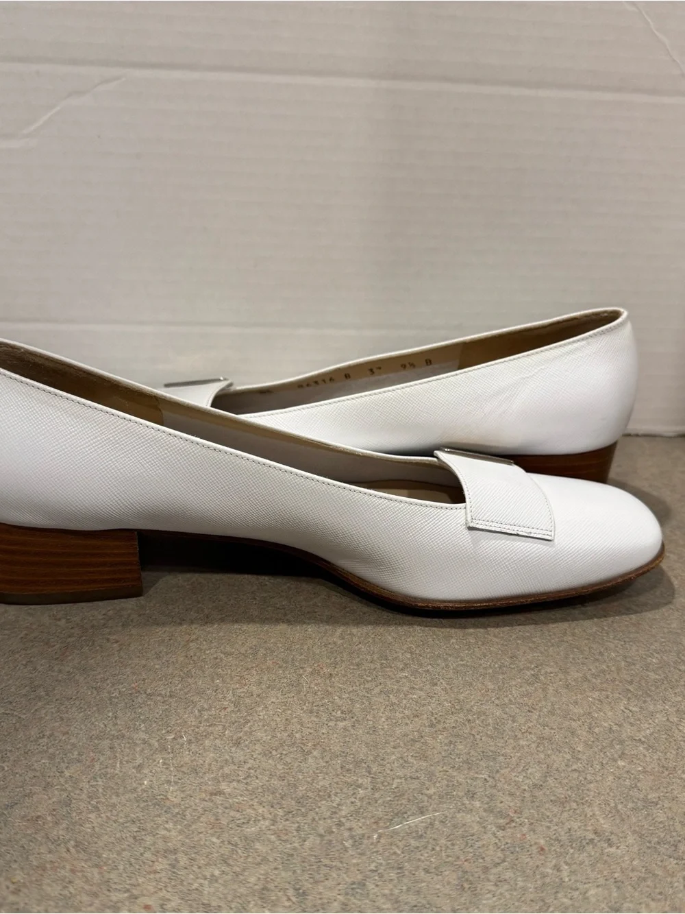 Salvatore Ferragamo White Leather Low Block Heel Loafers with Silver Buckle